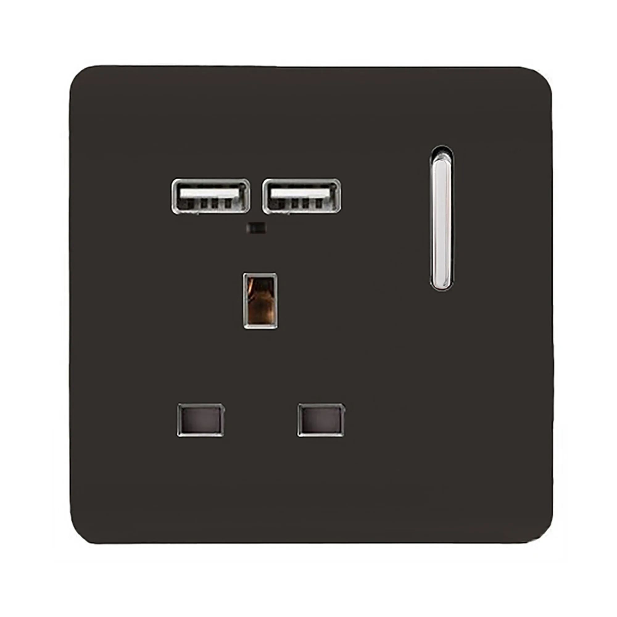 1 Gang Switched Single Socket 13A With 2 x USB-A 10W (Shared) With Neon Insert Dark Brown